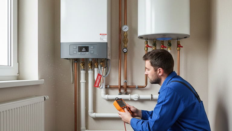 Obraz pokazujący osobę sprawdzającą ogrzewanie gazowe mieszkania