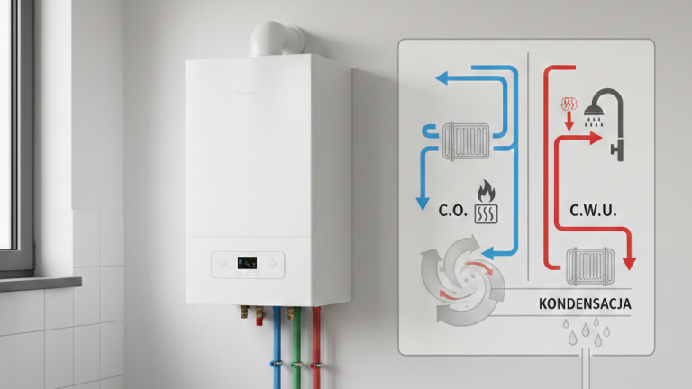 Grafika przedstawia nowoczesny, biały piec gazowy kondensacyjny zamontowany na ścianie w jasnym, sterylnym pomieszczeniu