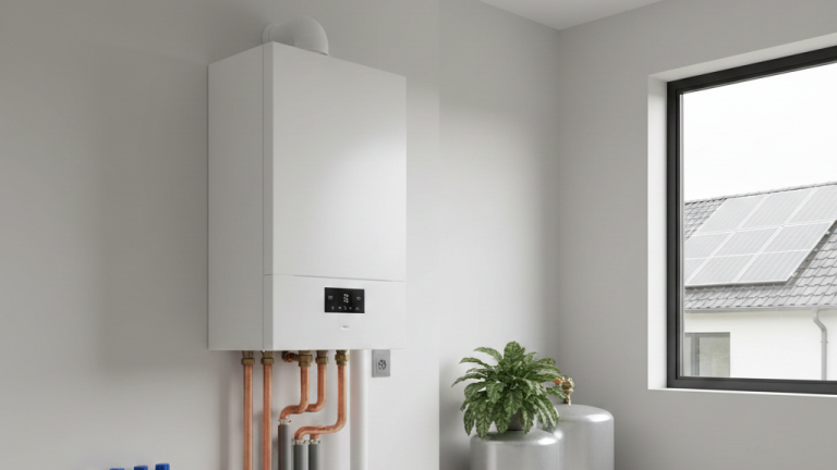 Grafika przedstawia nowoczesne, jasne i czyste pomieszczenie gospodarcze lub kotłownię, utrzymaną w minimalistycznym stylu